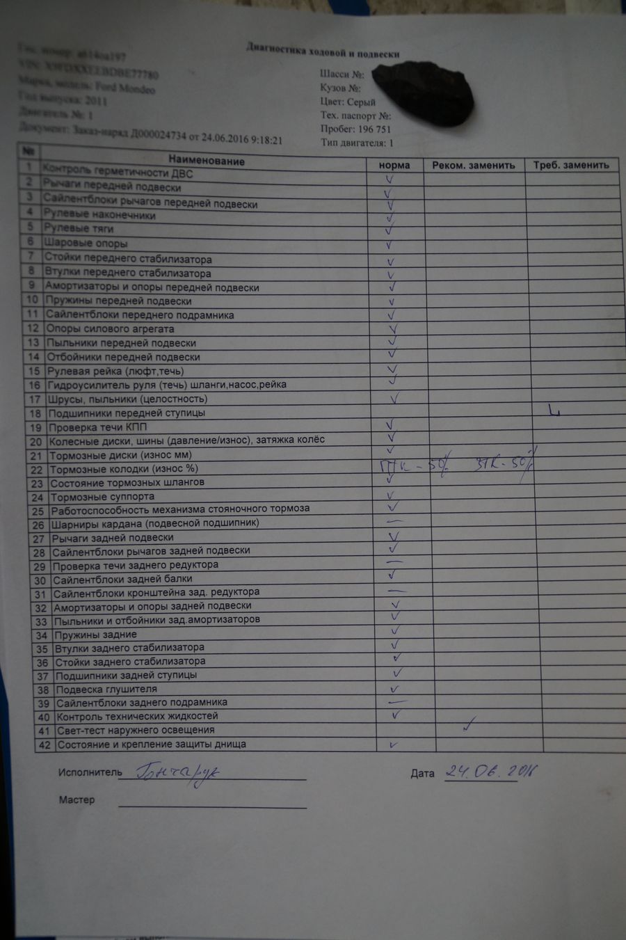 22. Заполняется лист диагностики автомобиля при проведении ТО (свет-тест; остаток колодок, дисков; состояние подвески, ходовой) проверка производится по 42 пунктам!